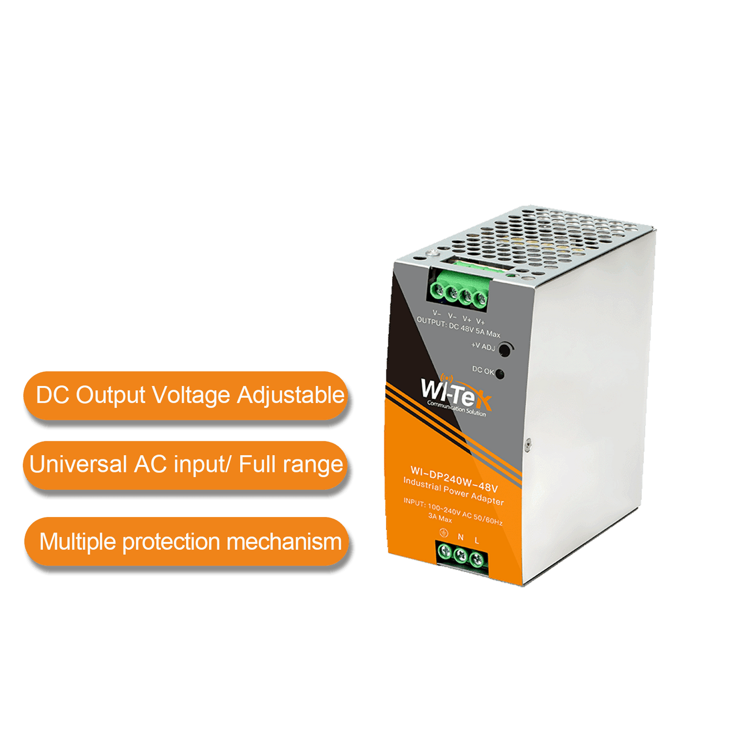 WI-DP240W-48V - Wi-Tek DIN-Rail Power Adapter 48V 240W