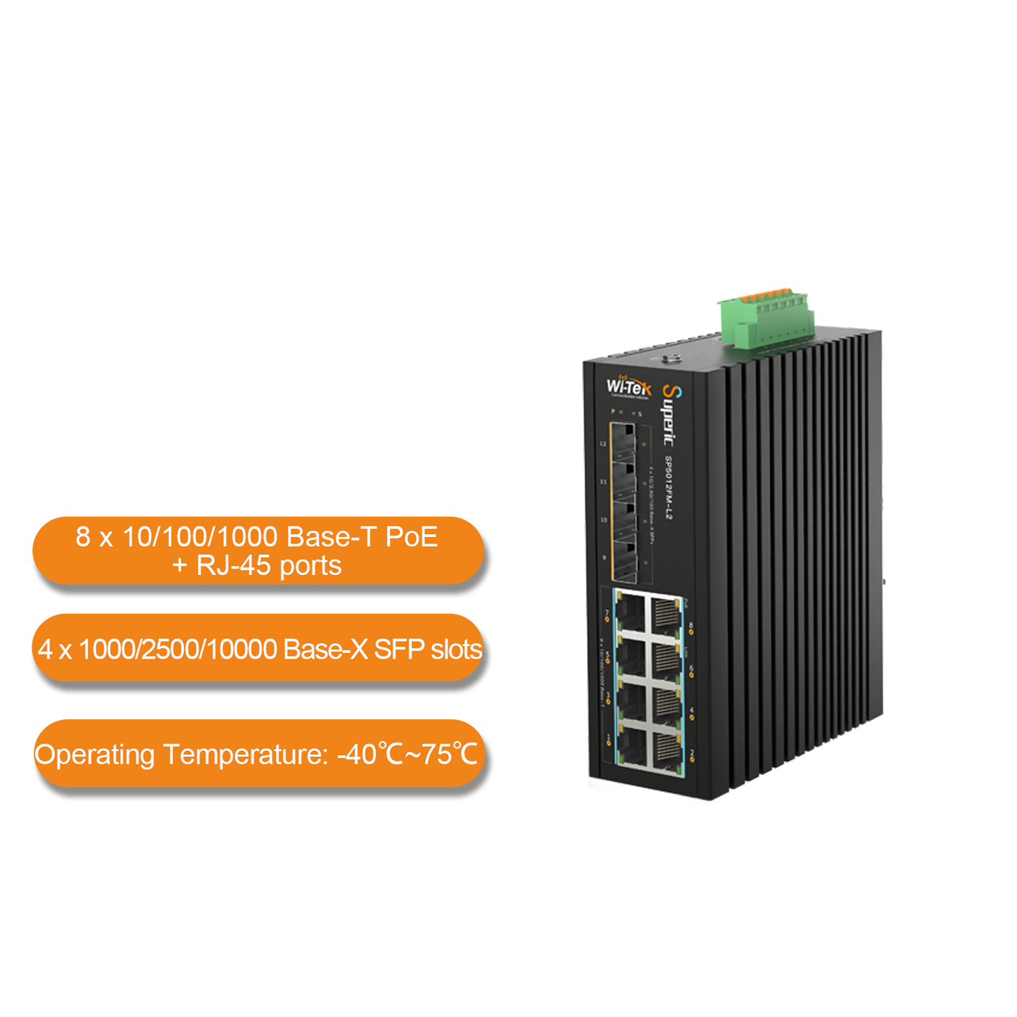 SP5012FM-L2 - Wi-Tek 8-Port Industrial L2 Managed PoE Switch