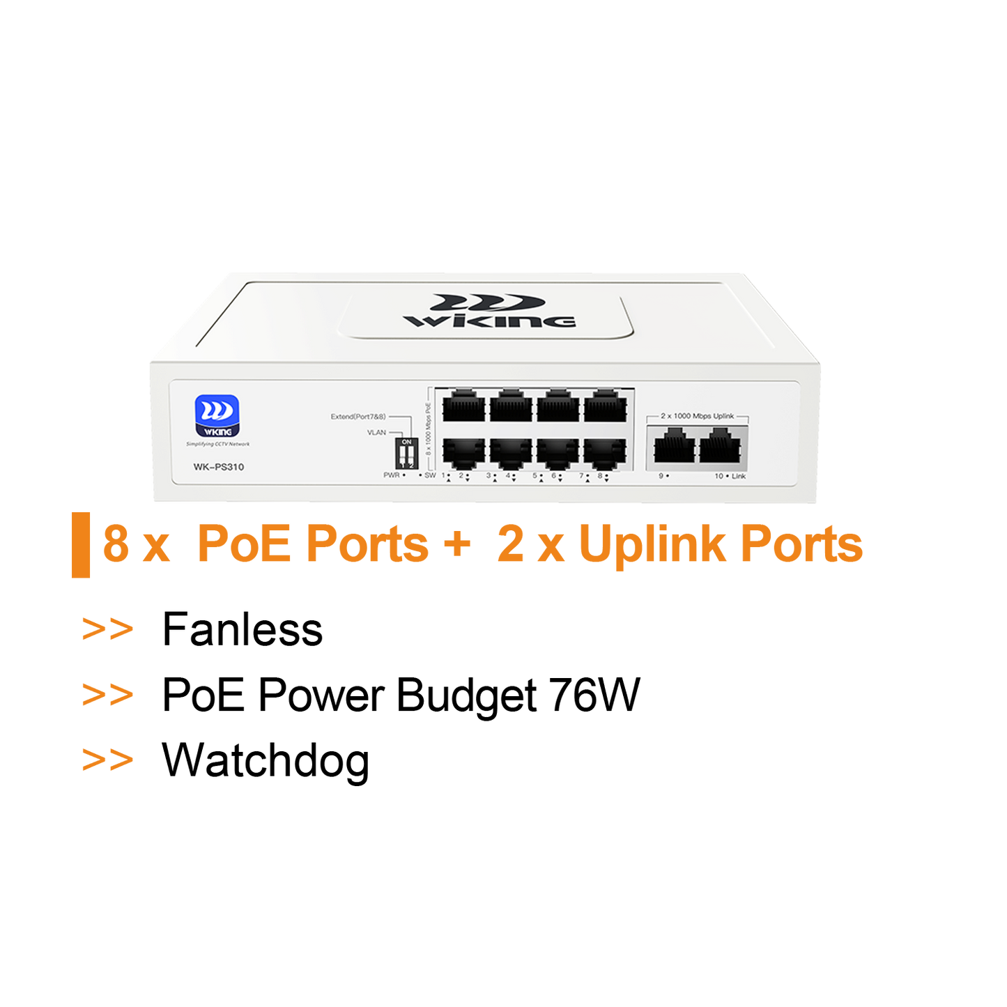 WK-PS310 V2 - WIKING 8-Port Gigabit PoE Switch, 250m Long Range