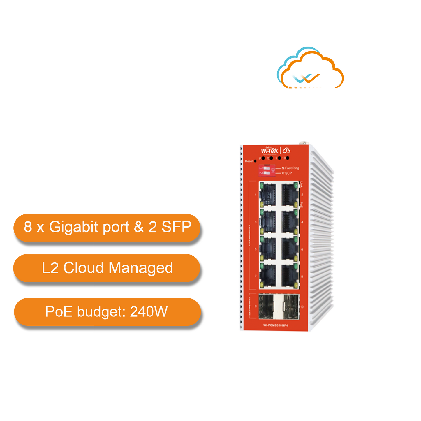 WI-PCMS310GF-I - Wi-Tek 8-Port Gigabit Industrial L2 Cloud PoE Switch