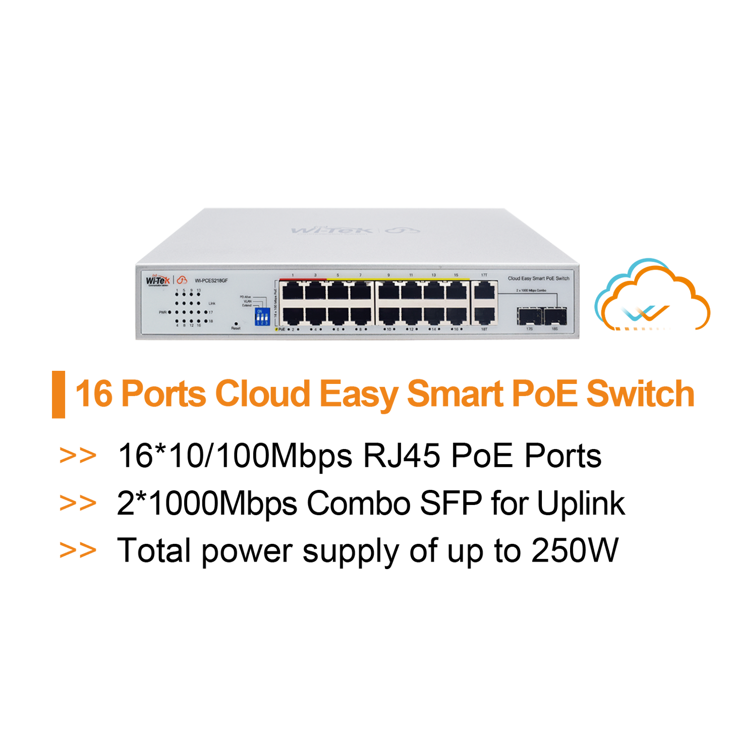 WI-PCES218GF - Wi-Tek 16-Port Cloud Smart PoE Switch, 2x Combo SFP