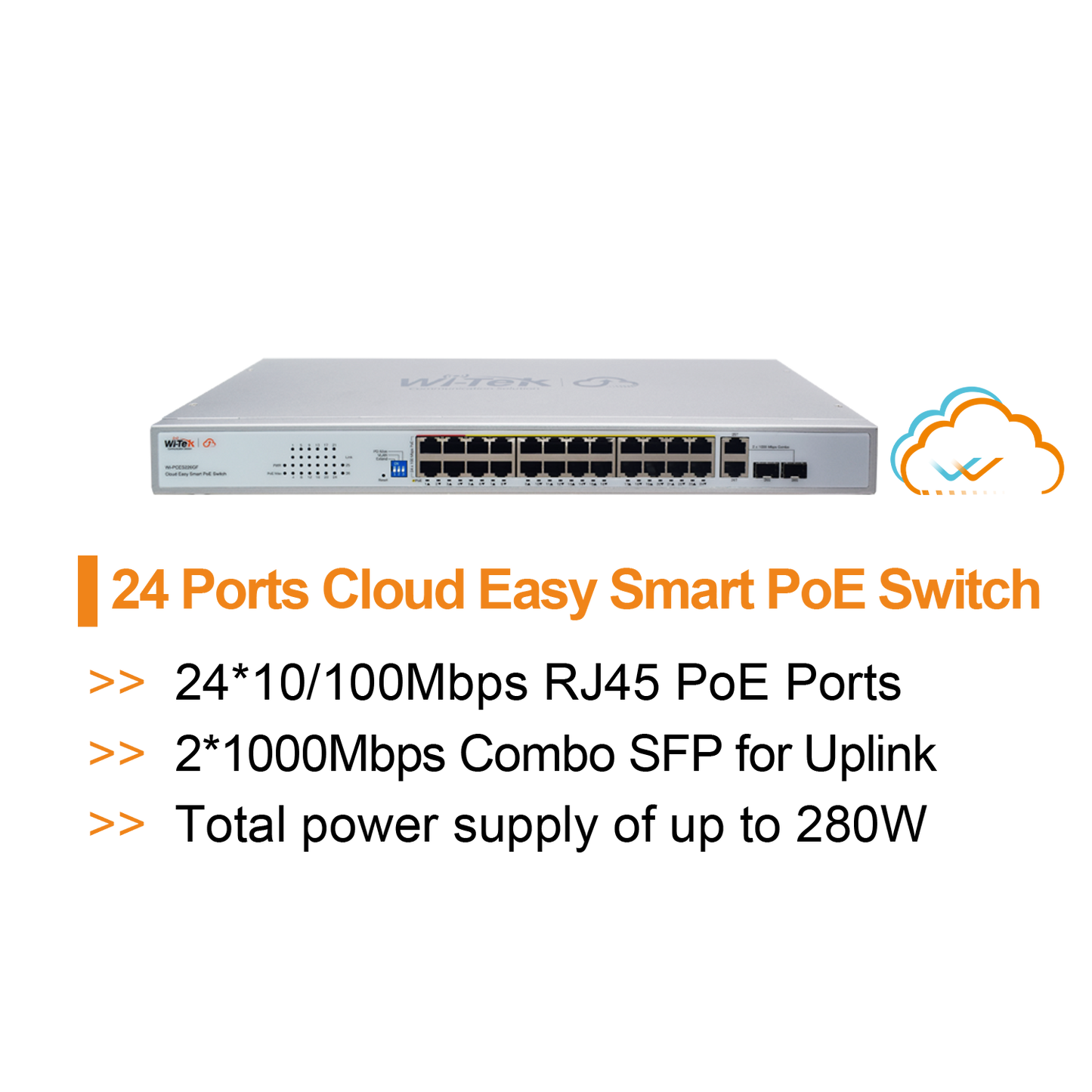 WI-PCES226GF - Wi-Tek 24-Port Cloud Smart PoE Switch, 2x Combo SFP