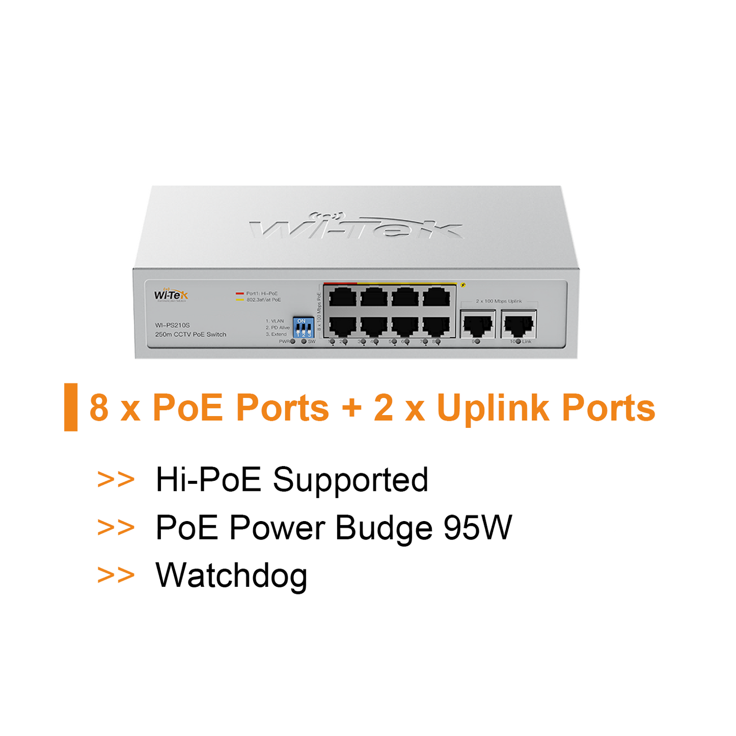WI-PS210S (V2) - Wi-Tek 8-Port PoE Switch, 250m Long Range V2