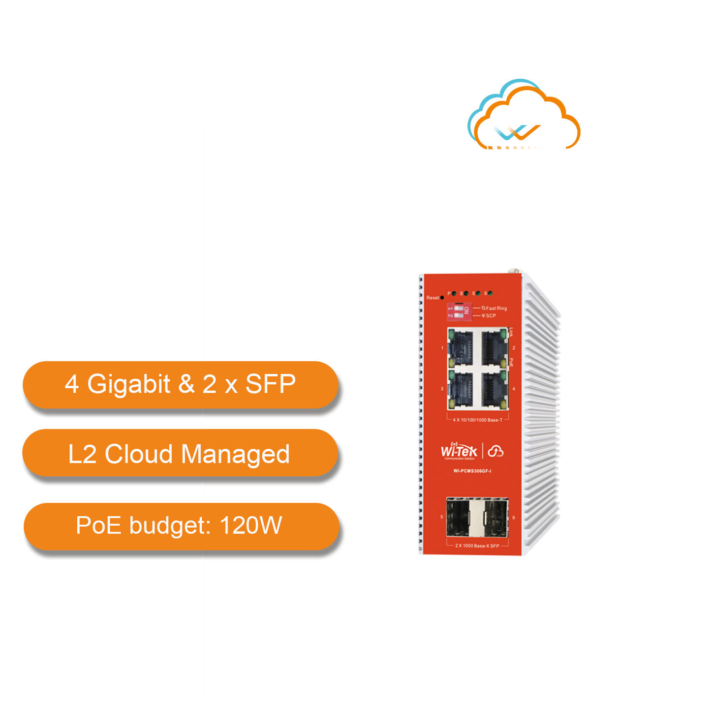 WI-PCMS306GF-I - Wi-Tek 4-Port Gigabit Industrial L2 Cloud PoE Switch
