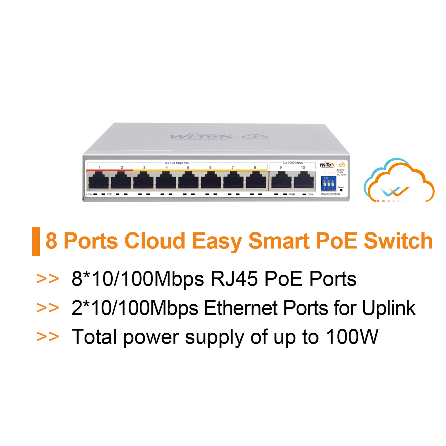 WI-PCES210G - Wi-Tek 8-Port Cloud Smart PoE Switch, Gigabit Uplink