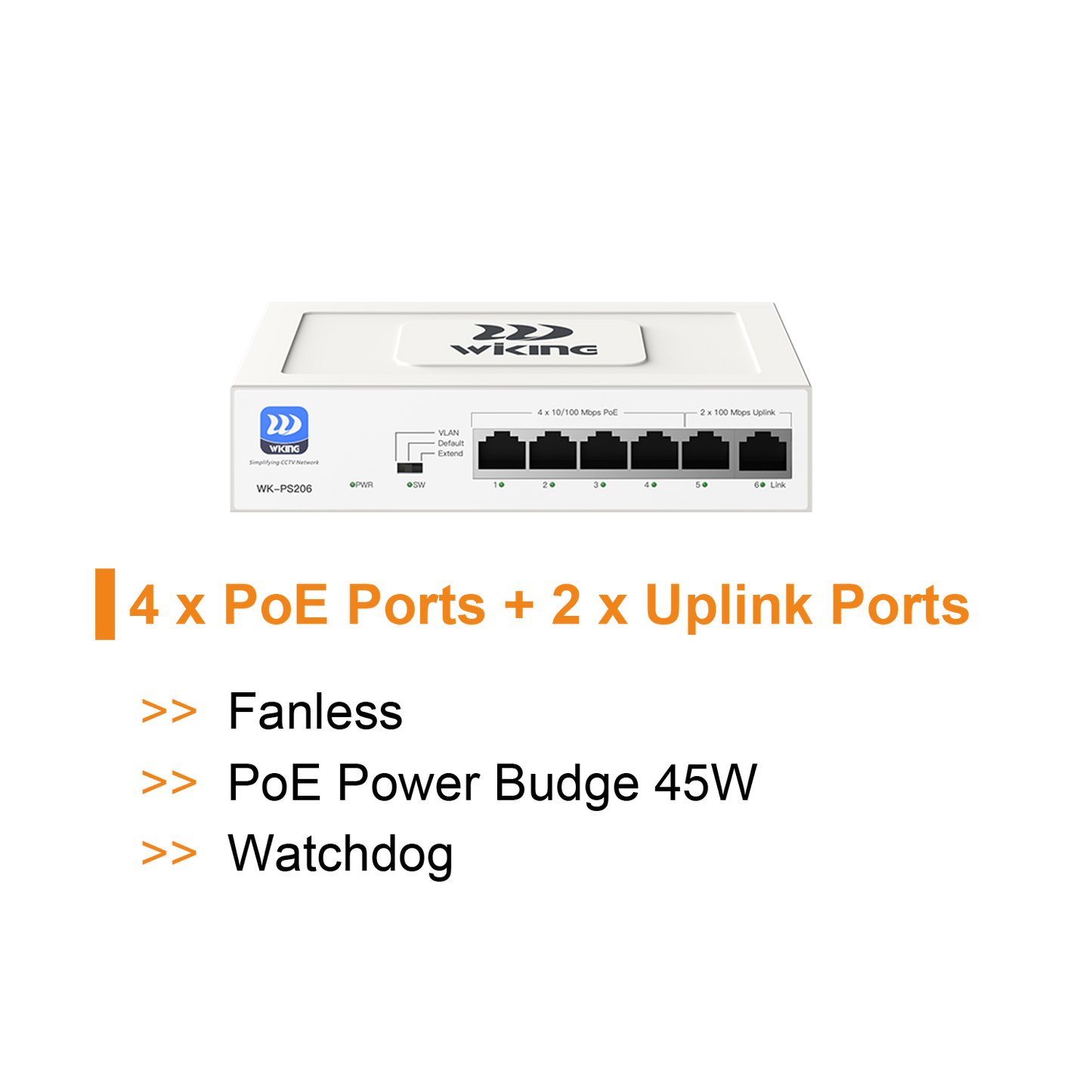 WK-PS206 - WIKING 4-Port PoE Switch, 250m Long Range