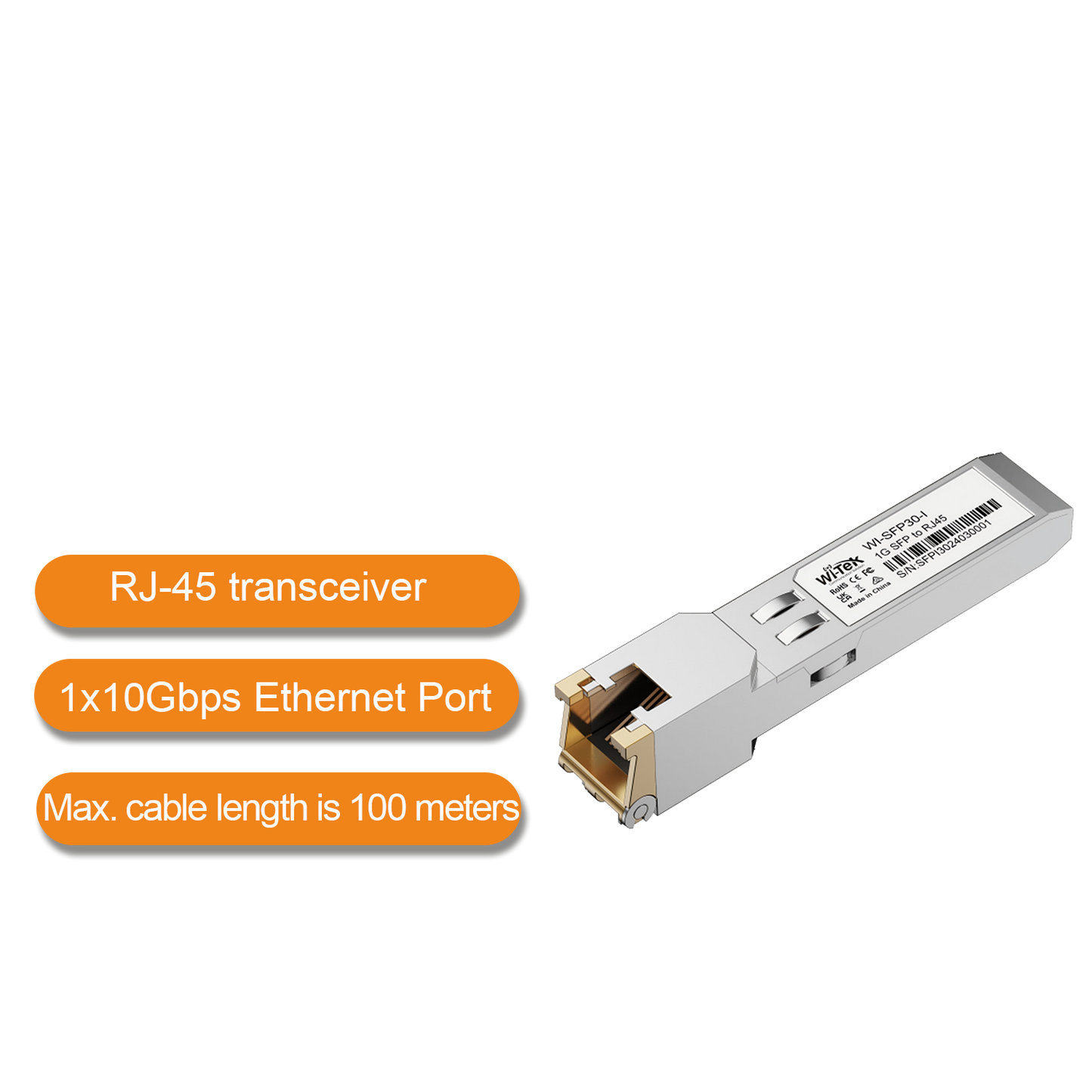 WI-SFP30-I - Wi-Tek Industrial RJ45 SFP Transceiver, 100m