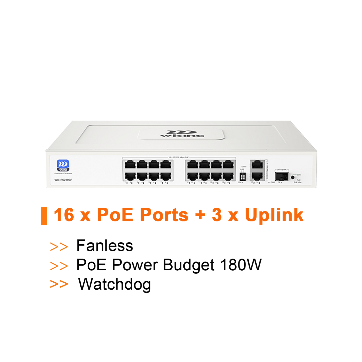 WK-PS219GF - WIKING 16-Port PoE Switch, 250m Long Range