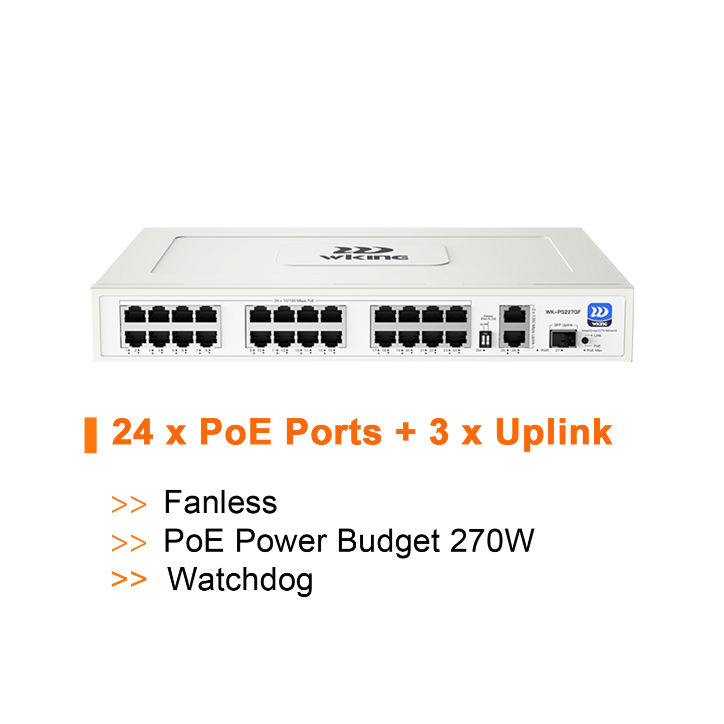 WK-PS227GF - WIKING 24-Port PoE Switch, 250m Long Range