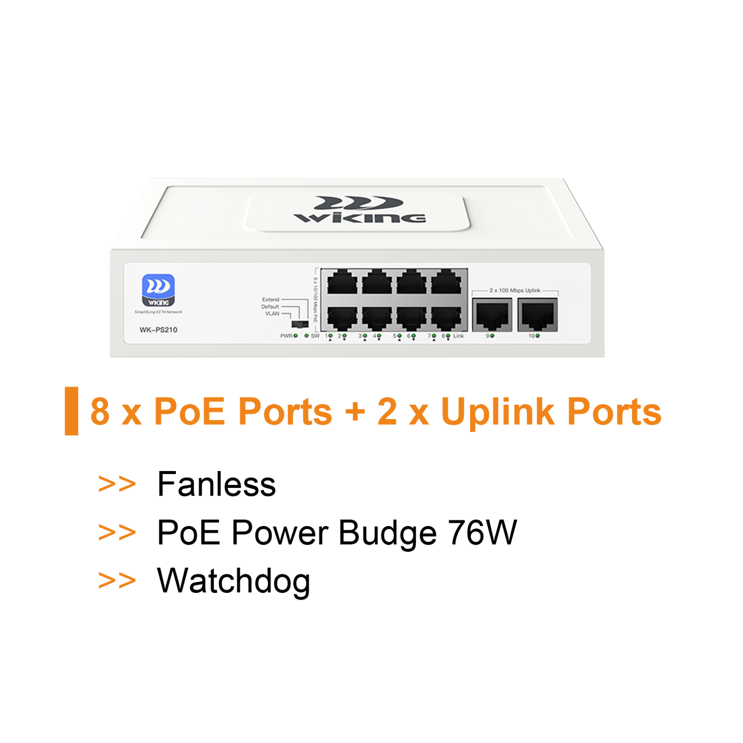 WK-PS210 - WIKING 8-Port PoE Switch, 250m Long Range