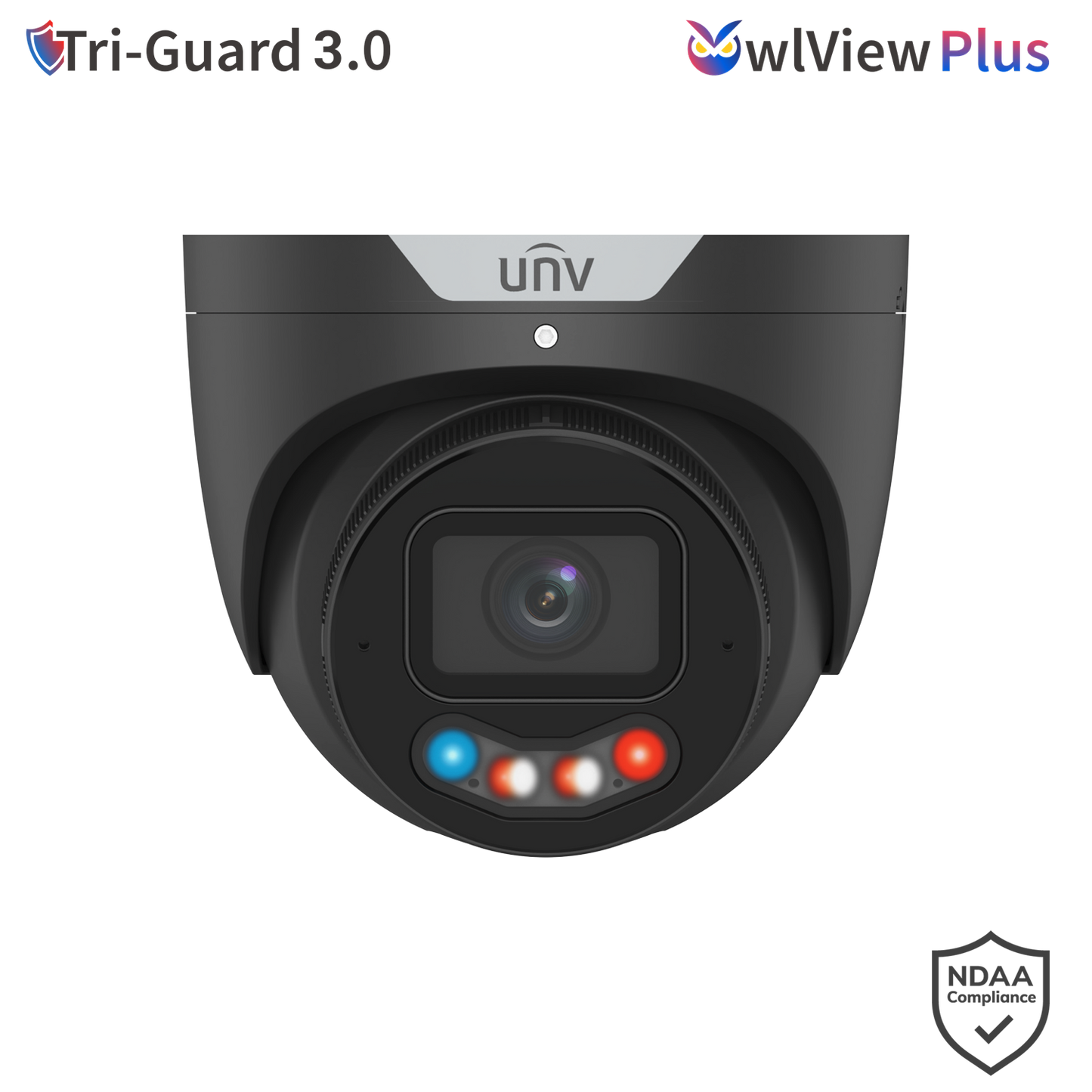 UNV 8MP Tri-Guard VF Dual light Turret Network Camera, 2.8mm to 12mm, SD Card, WDR, Warm Light 30m, Built-in M - Black