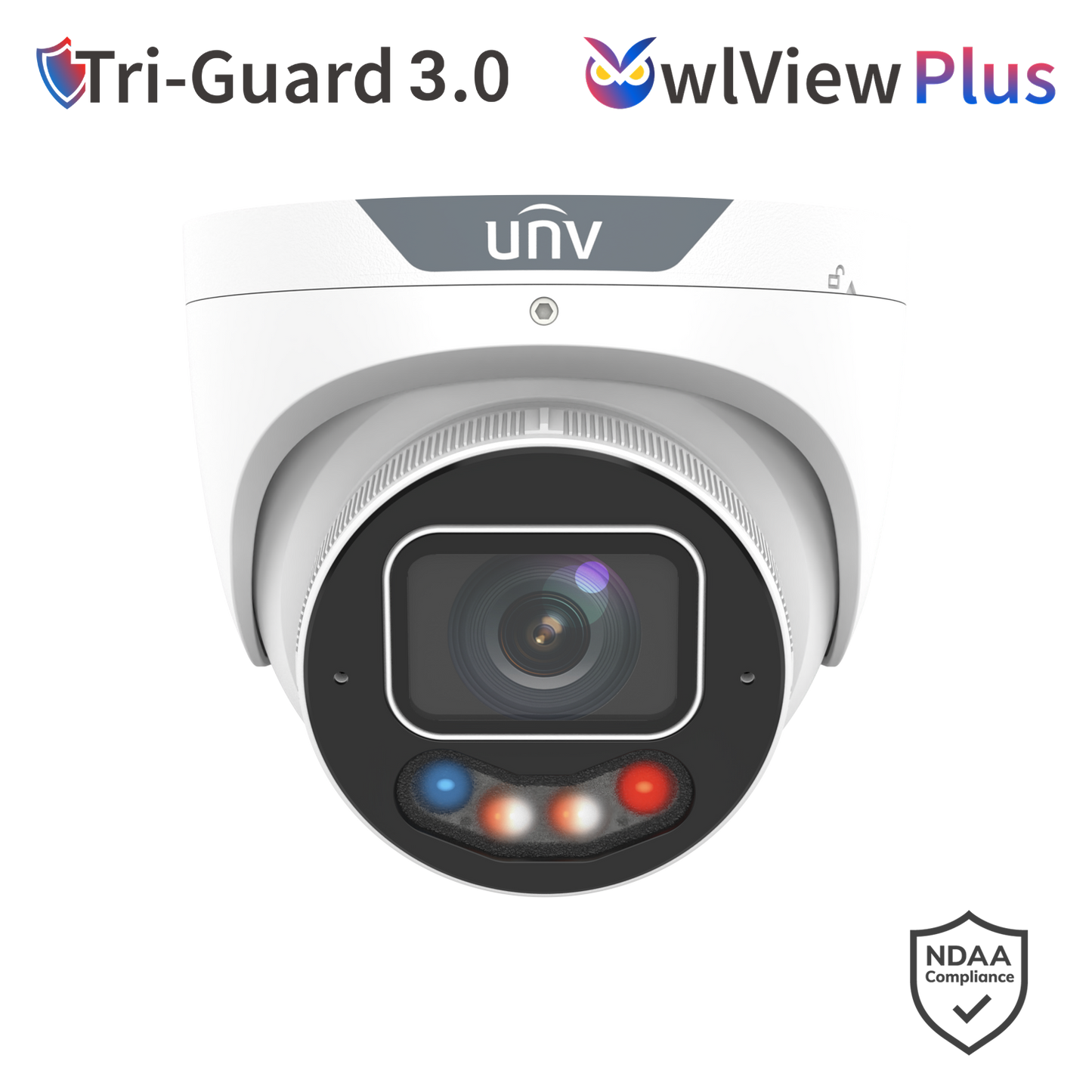 UNV 8MP Tri-Guard VF Dual light Turret Network Camera, 2.8mm to 12mm, SD Card, WDR, Warm Light 30m, Built-in M - White