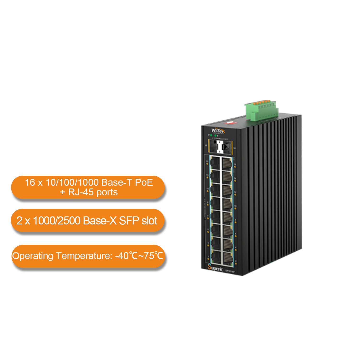 SP3018FM-L2 - Wi-Tek 16-Port Gigabit Industrial L2 Managed PoE Switch