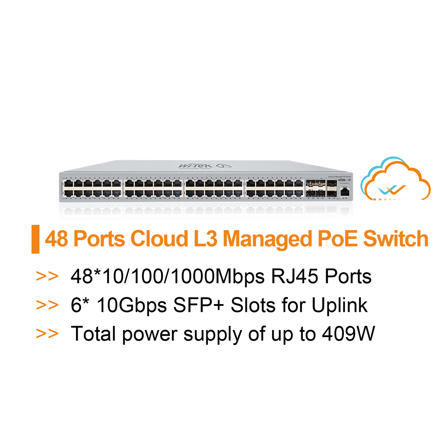 WI-PCMS554F-L3(V2) - Wi-Tek 48-Port Gigabit L3 Managed PoE Switch, 6x 10G SFP+