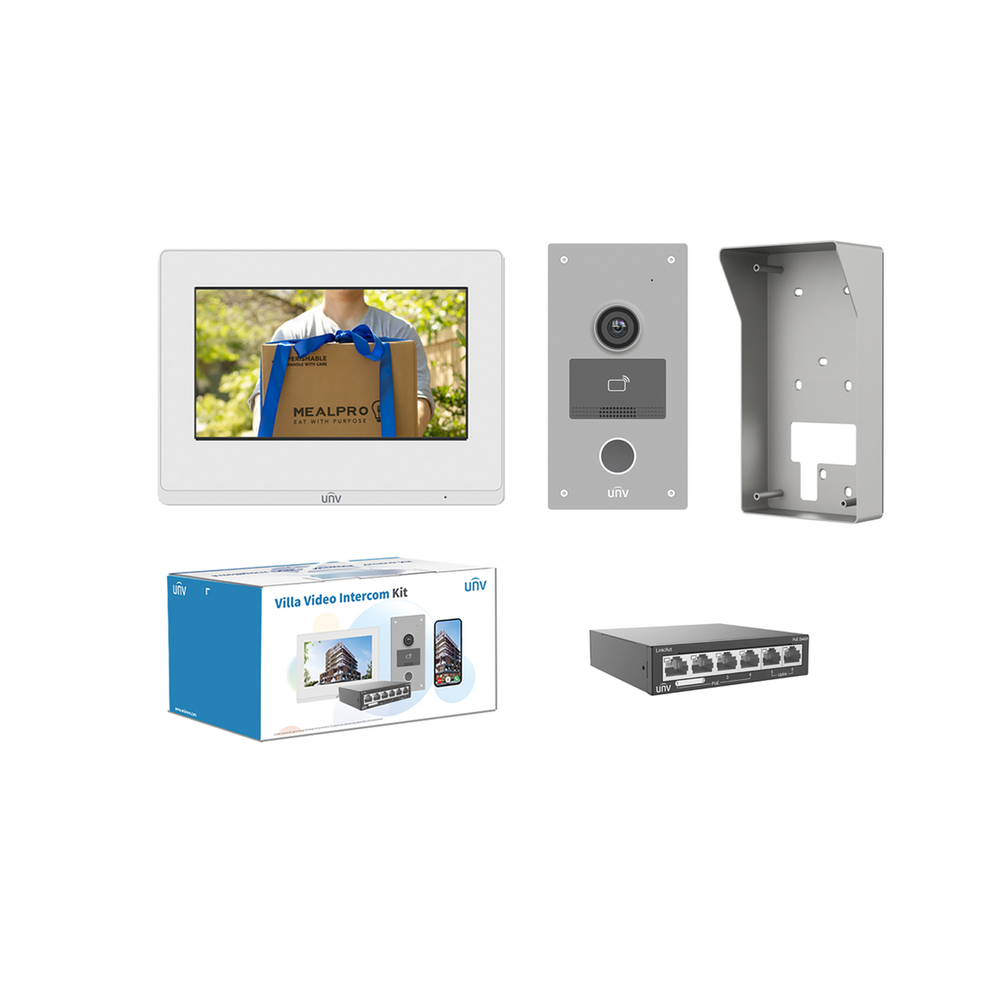 UNV IP intercom kit including 1 x POE switch NSW2020-6T-POE-IN, 1 x Outdoor station  OEU-201S-HMK-Z 1 x Indoor