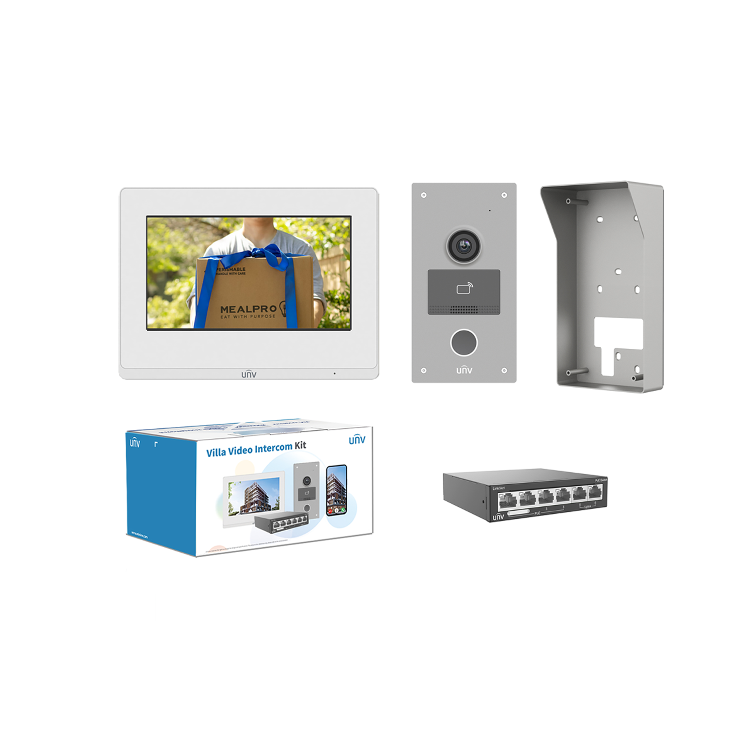 UNV IP intercom kit including 1 x POE switch NSW2020-6T-POE-IN, 1 x Outdoor station  OEU-201S-HMK-Z 1 x Indoor