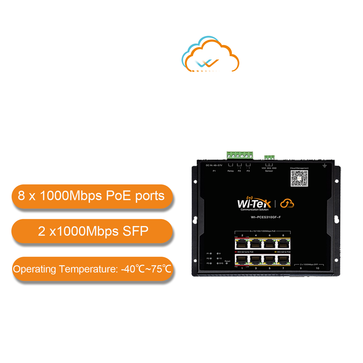 WI-PCES310GF-F - Wi-Tek 8-Port Gigabit Industrial Flat Cloud PoE Switch