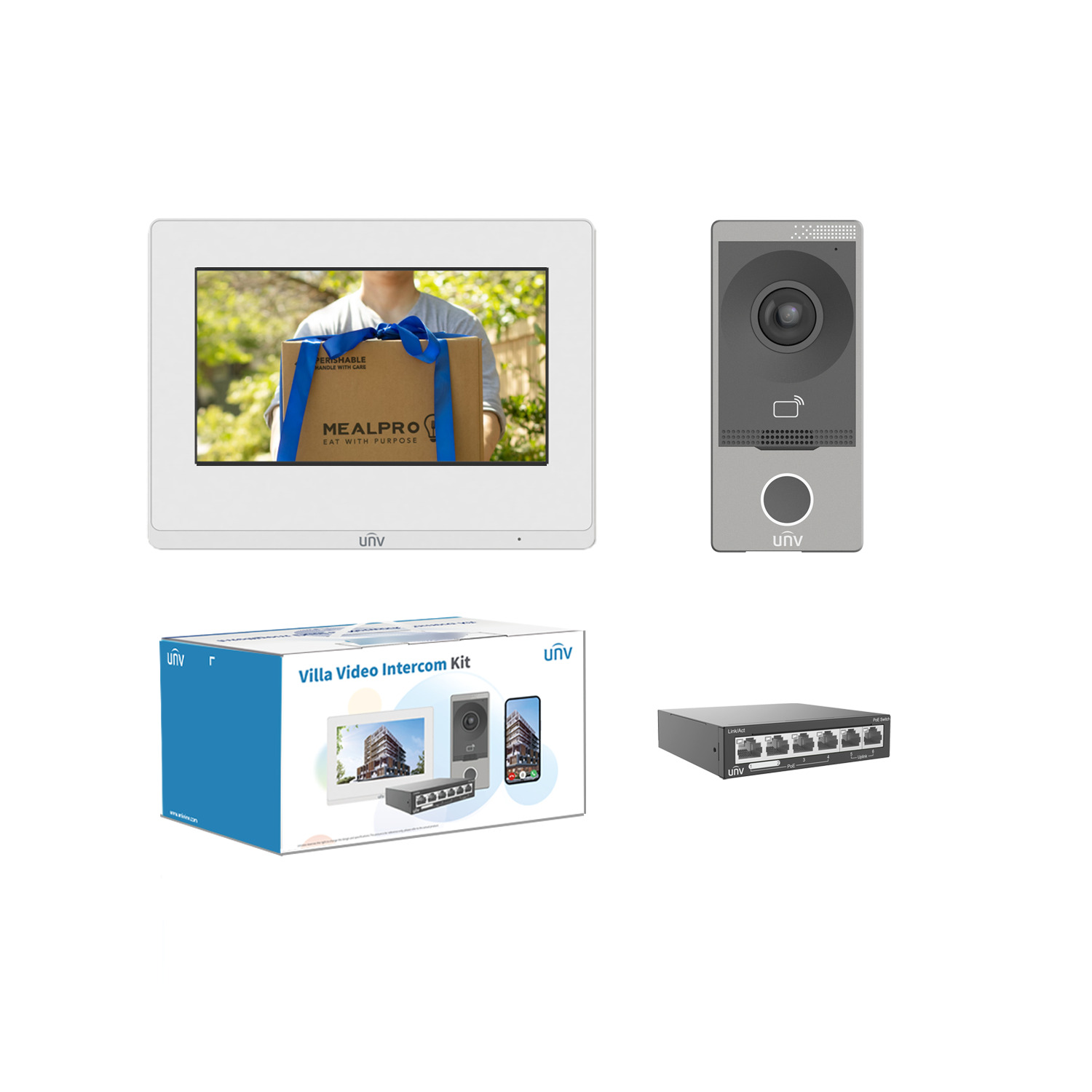 UNV IP intercom kit including 1 x POE switch NSW2020-6T-POE-IN, 1 x Outdoor station  OEU-201S-HMK-W, 1 x Indoo