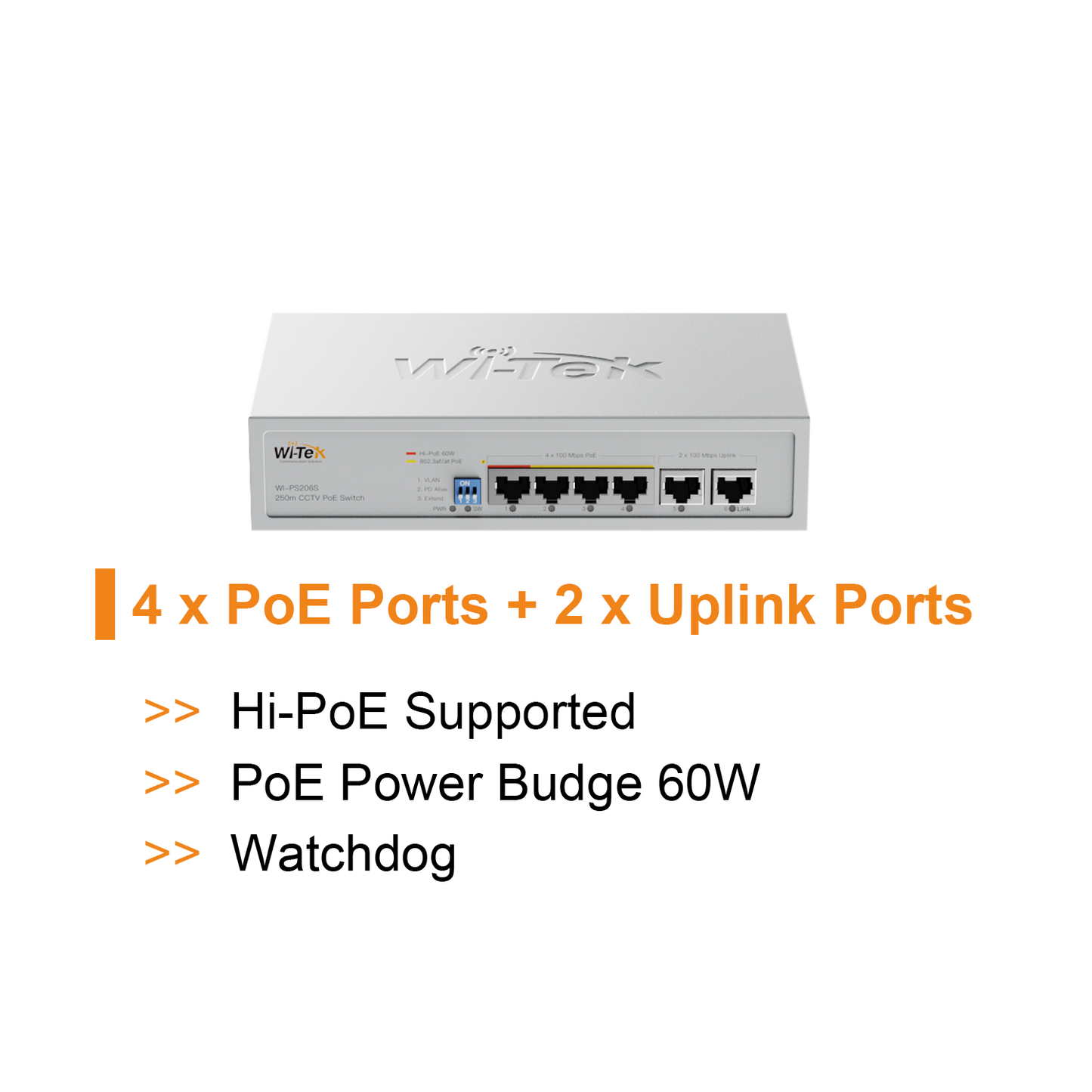 WI-PS206S (V2) - Wi-Tek 4-Port PoE Switch, 250m Long Range V2