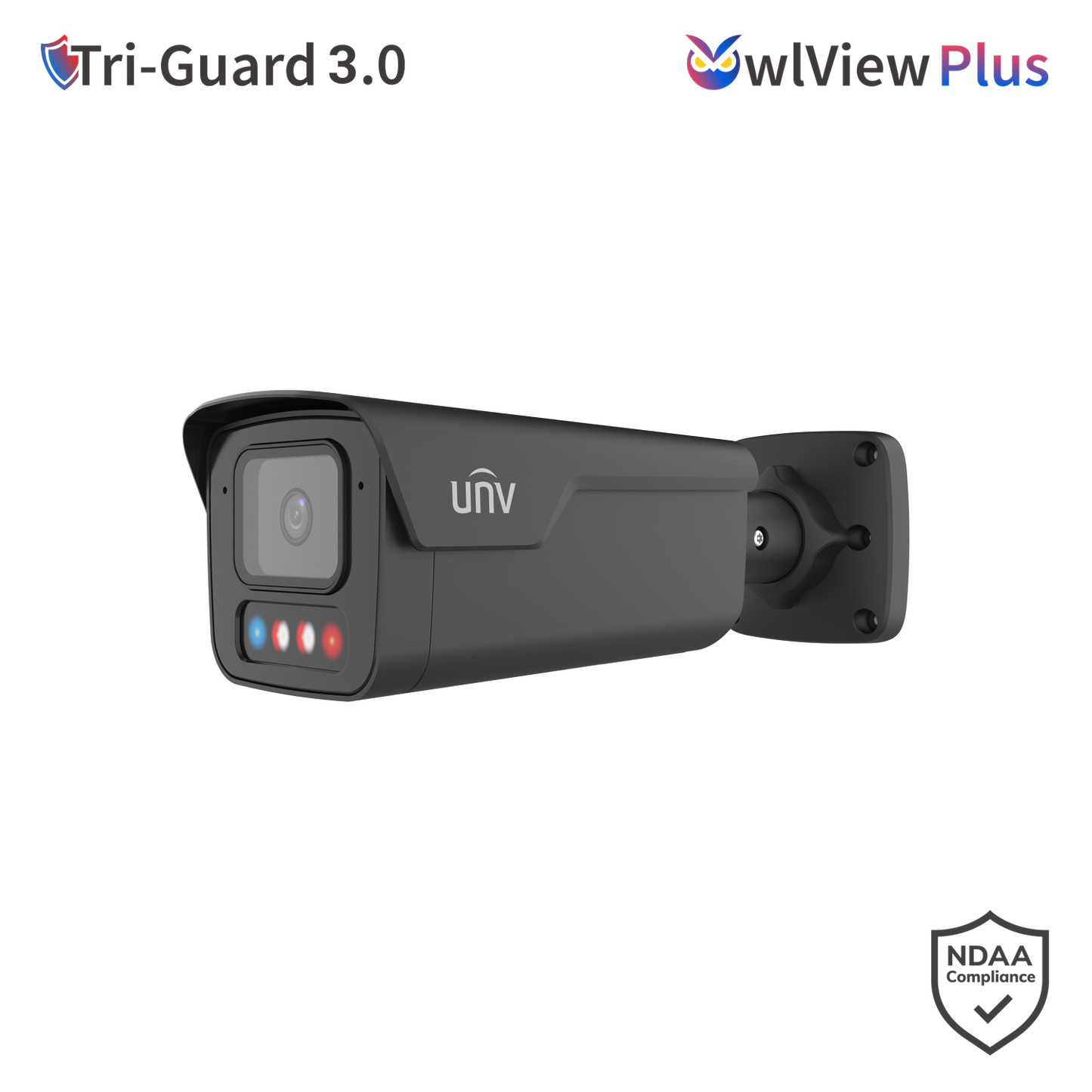 UNV 6MP Tri-Guard Dual-Light Bullet Network Camera, Fixed Lens, ColorHunter, WDR, Warm Light & IR 40m, Built-i - Black
