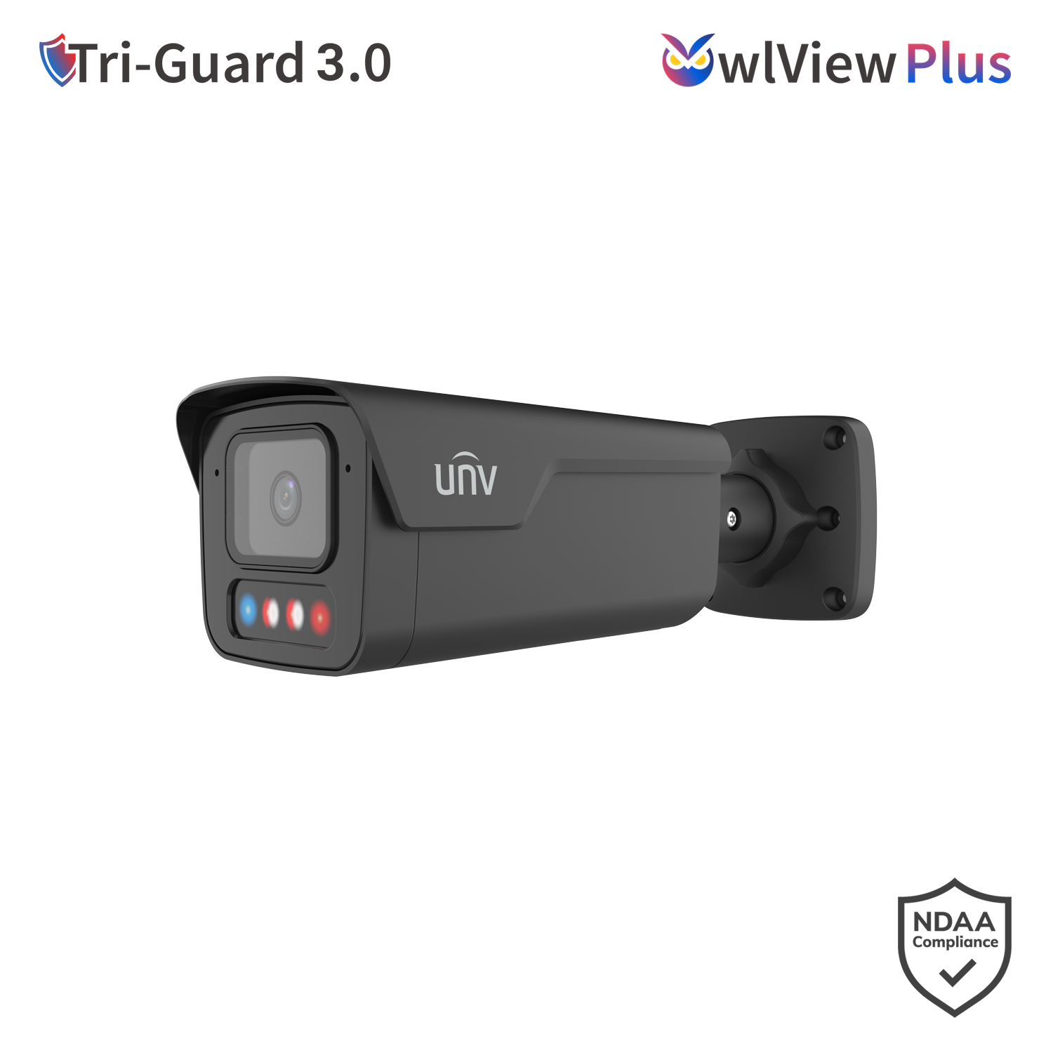 UNV 8MP Tri-Guard Dual-Light Bullet Network Camera, Fixed Lens, ColorHunter, WDR, Warm Light & IR 40m, Built-i - Black